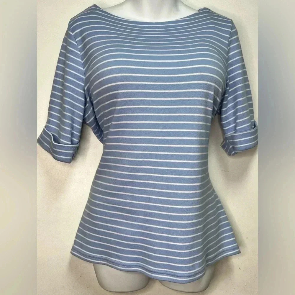 KAREN SCOTT STRIPED ELBOW-SLEEVE BOAT-NECK TOP TEE T-SHIRT